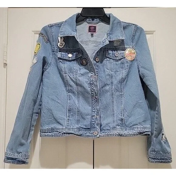 Boom Boom Jeans Women’s XL Denim Jacket Distressed Patches Boho Y2K Light Wash - Picture 8 of 8